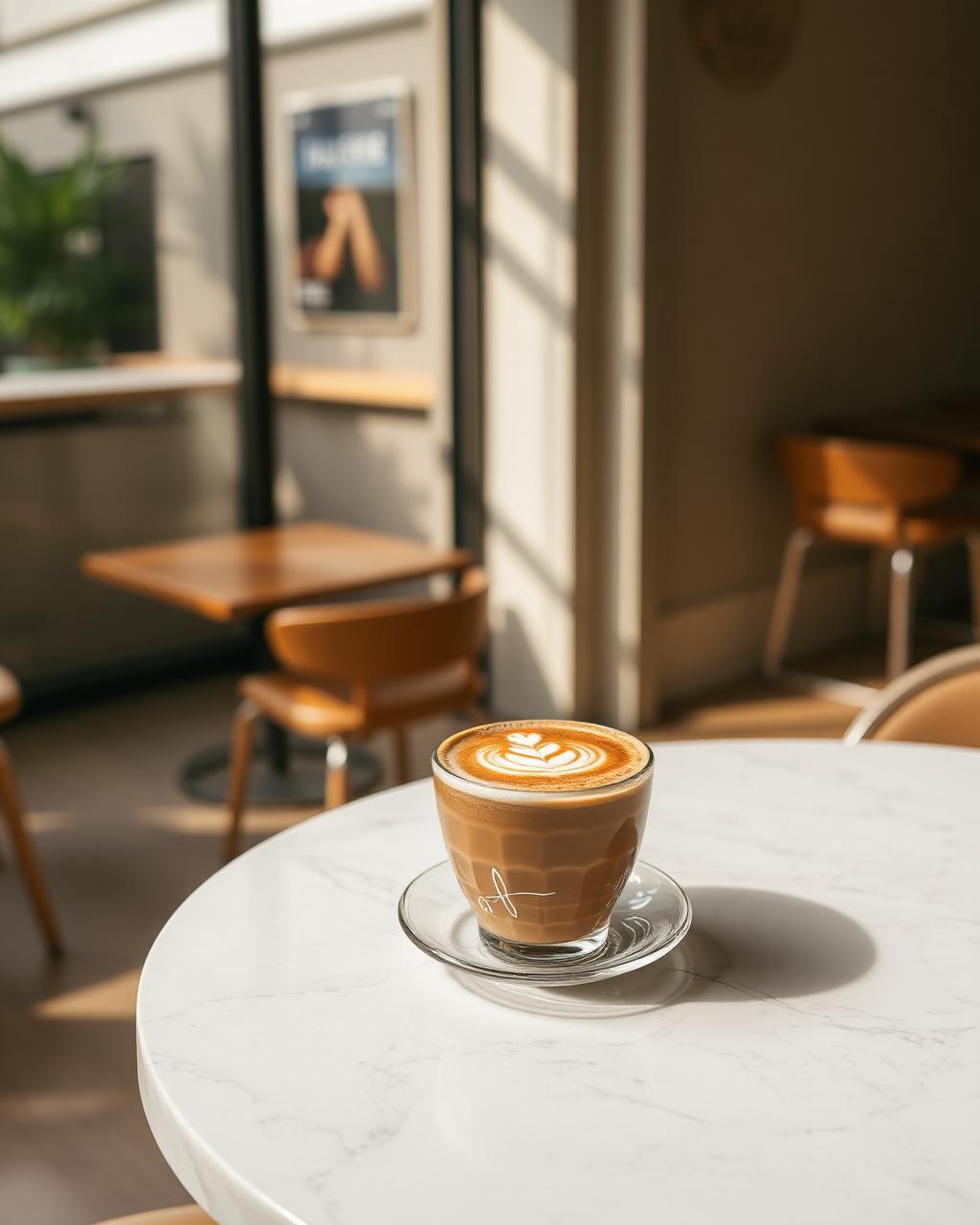 Speciality coffee on a marble table in a bright cafe