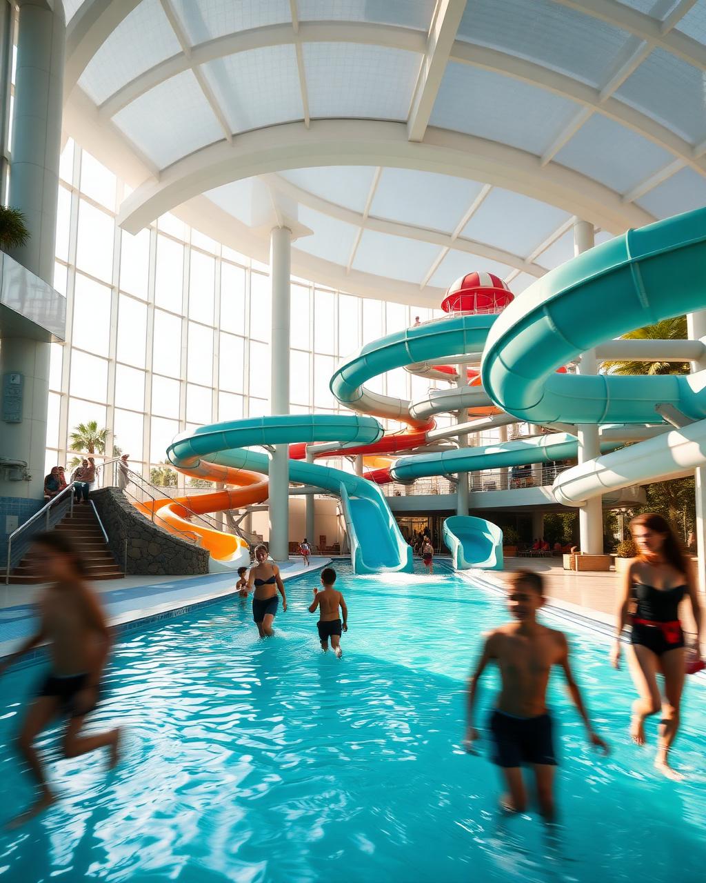 Water park with turquoise pools and slides
