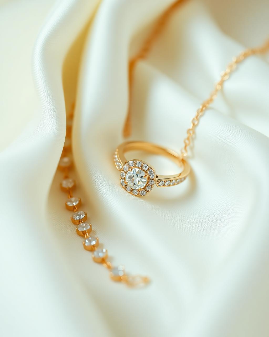 Gold and diamond jewellery on white silk